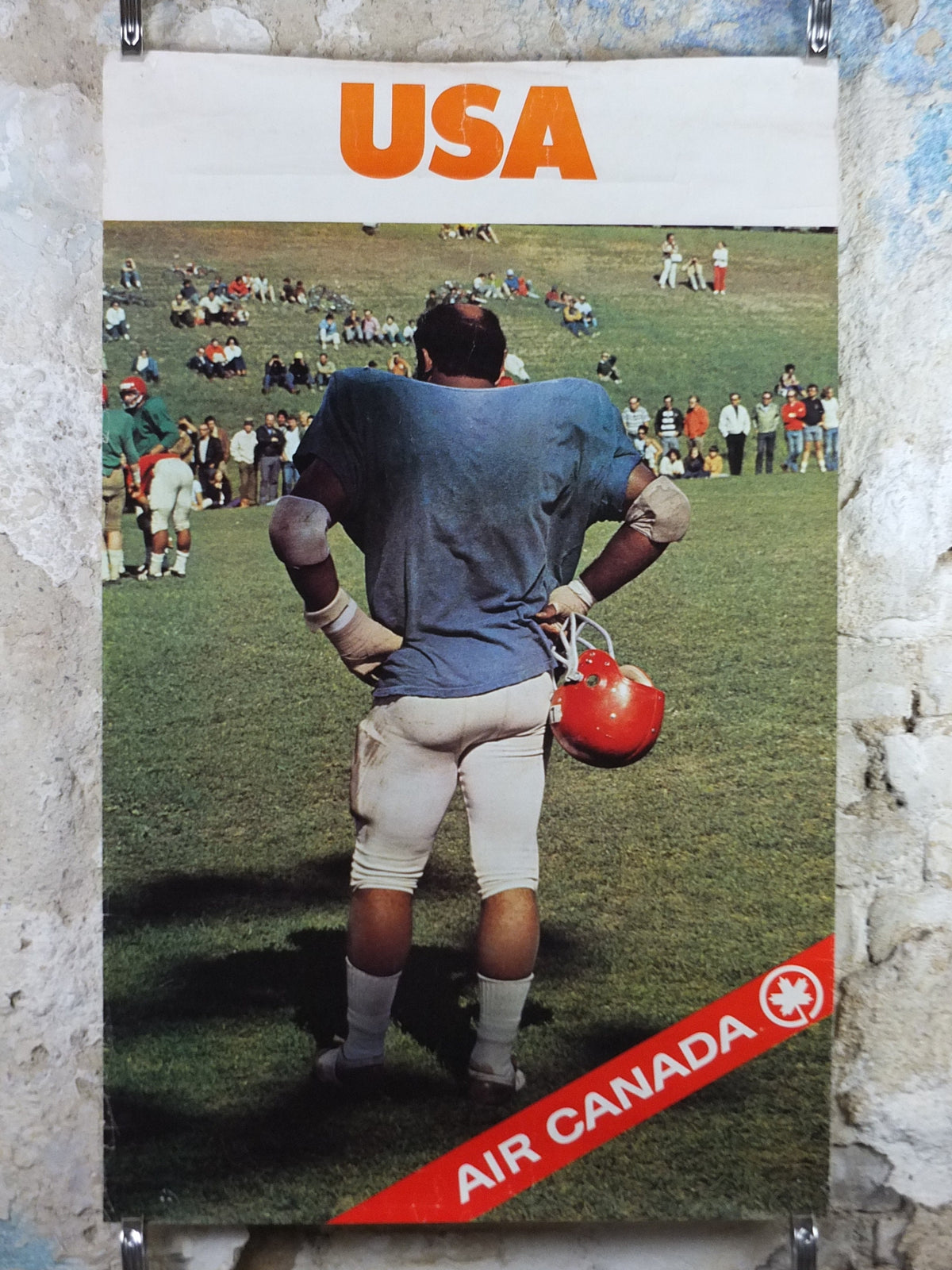 1970s Air Canada to USA Poster, Football Gridiron player, United States of America, sports, tourism vacation wall art decor