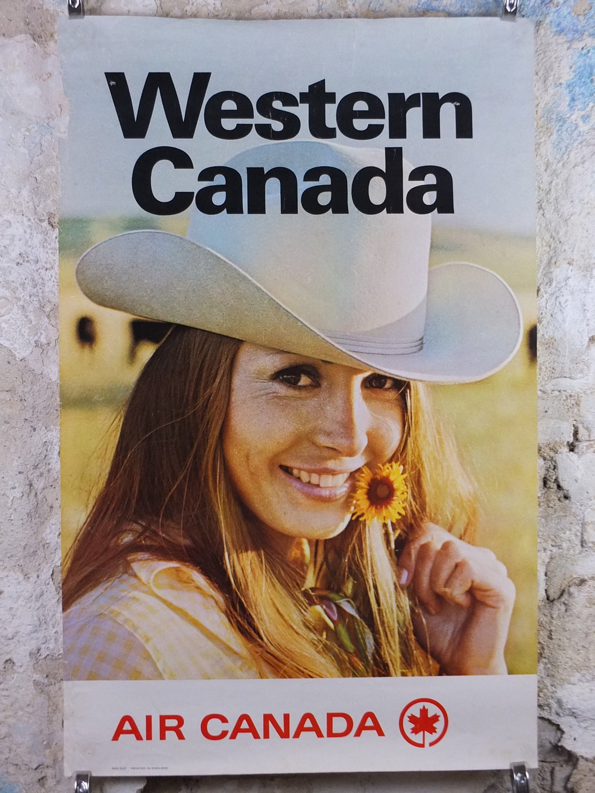 1970s Air Canada Poster, Western Canada smiling Cowgirl holding a dandilion, tourism vacation wall art decor