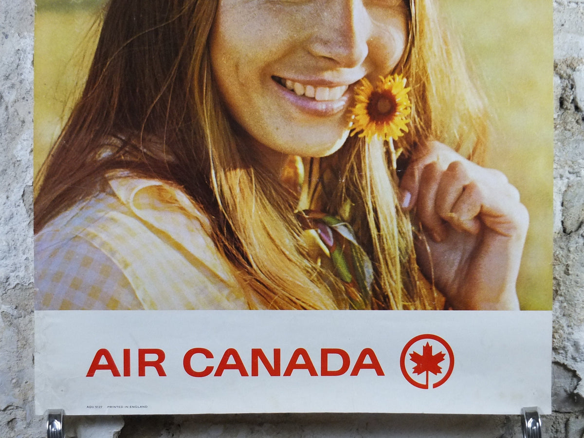 1970s Air Canada Poster, Western Canada smiling Cowgirl holding a dandilion, tourism vacation wall art decor