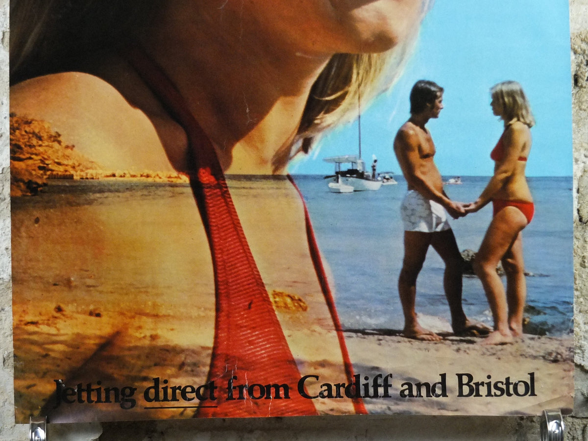 1960s Cambrian Air Holidays Poster, direct from Cardiff and Bristol, smiling girl on the sunny beach, tourism vacation wall art decor