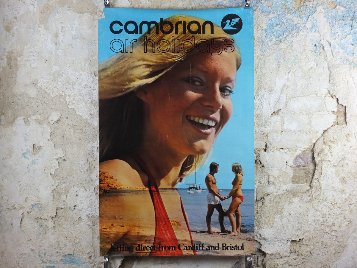 1960s Cambrian Air Holidays Poster, direct from Cardiff and Bristol, smiling girl on the sunny beach, tourism vacation wall art decor
