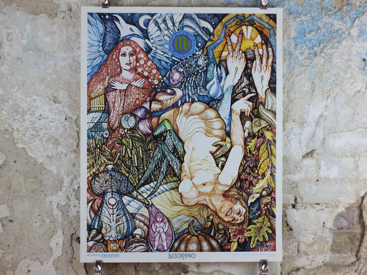 1967 Scorpio Poster, Zodiac Astrology Star Sign, by Fred Adams, Funky Features, San Francisco, Psychedelic, Hippy New Age, wall art decor