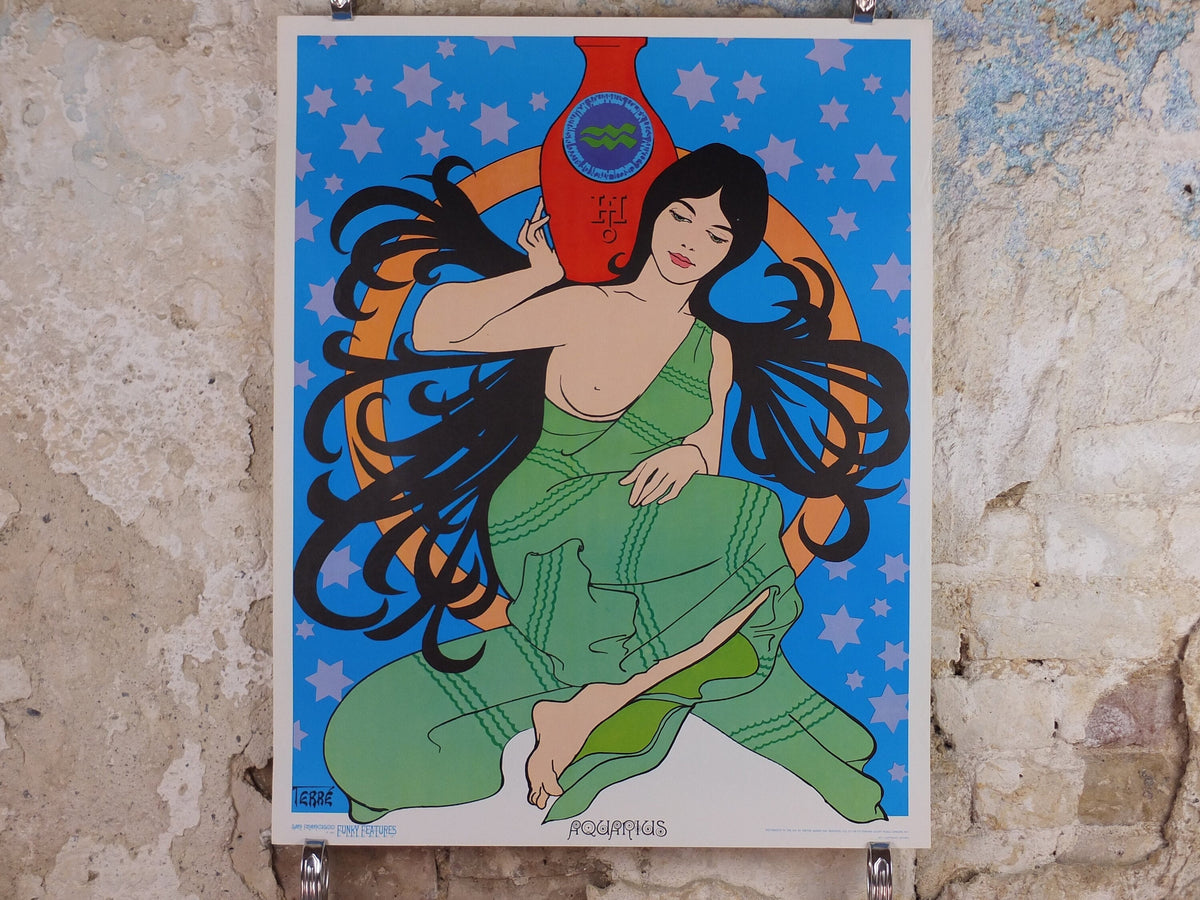 1967 Aquarius Poster, Zodiac Astrology Star Sign, by Terre, Funky Features, San Francisco, Psychedelic, Hippy New Age, wall art decor