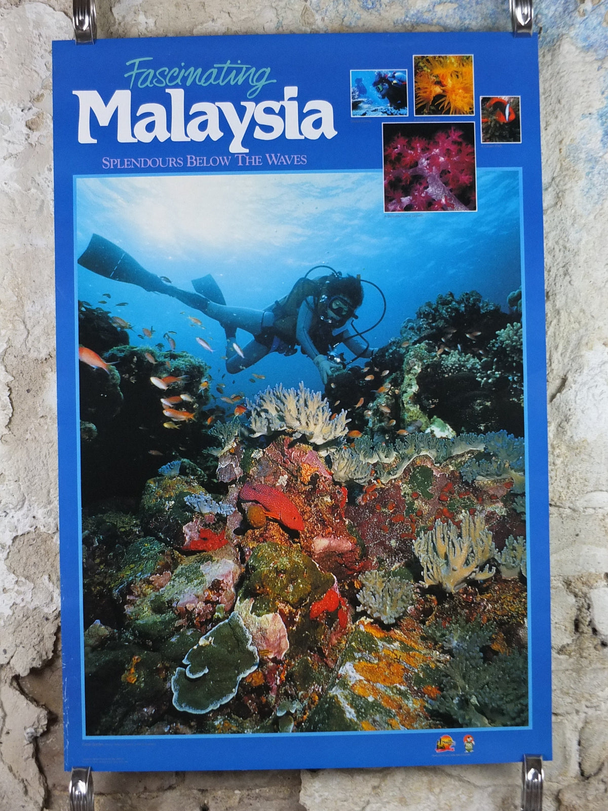 1990 Malaysia Travel Poster, Scuba Diving, Snorkling, Coral Reef, tropical fish, travel tourism, advertising print, wall art retro decor