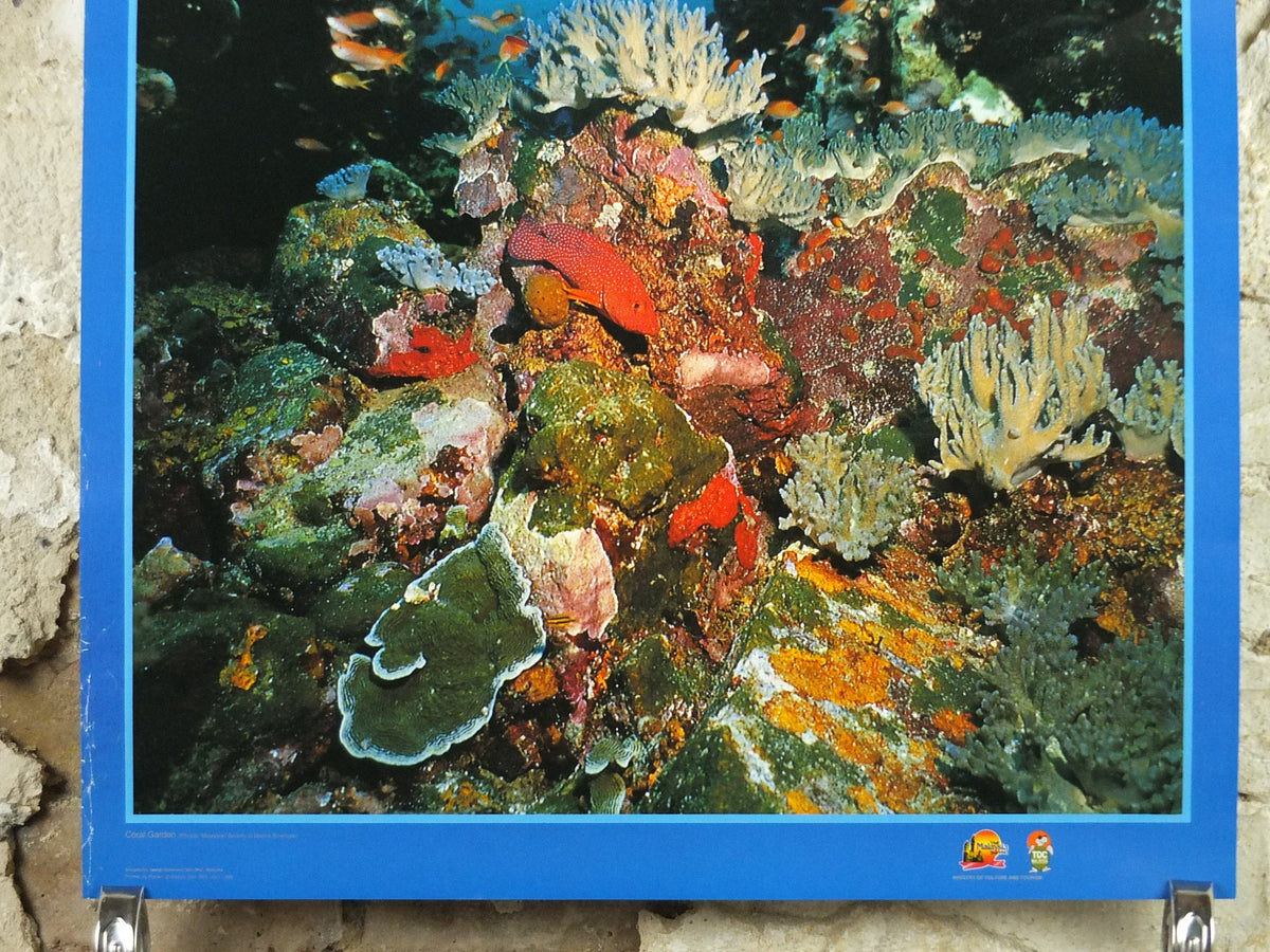 1990 Malaysia Travel Poster, Scuba Diving, Snorkling, Coral Reef, tropical fish, travel tourism, advertising print, wall art retro decor