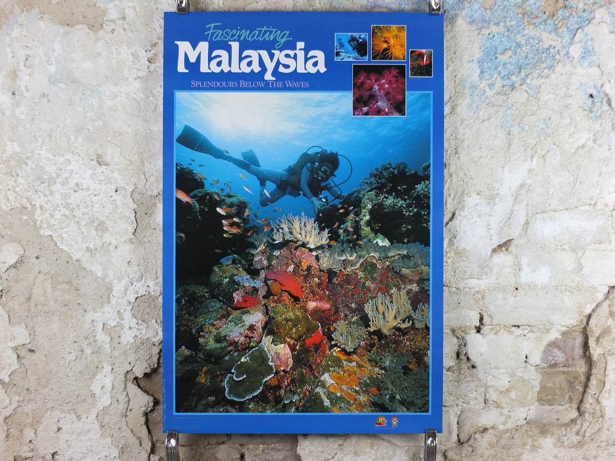 1990 Malaysia Travel Poster, Scuba Diving, Snorkling, Coral Reef, tropical fish, travel tourism, advertising print, wall art retro decor