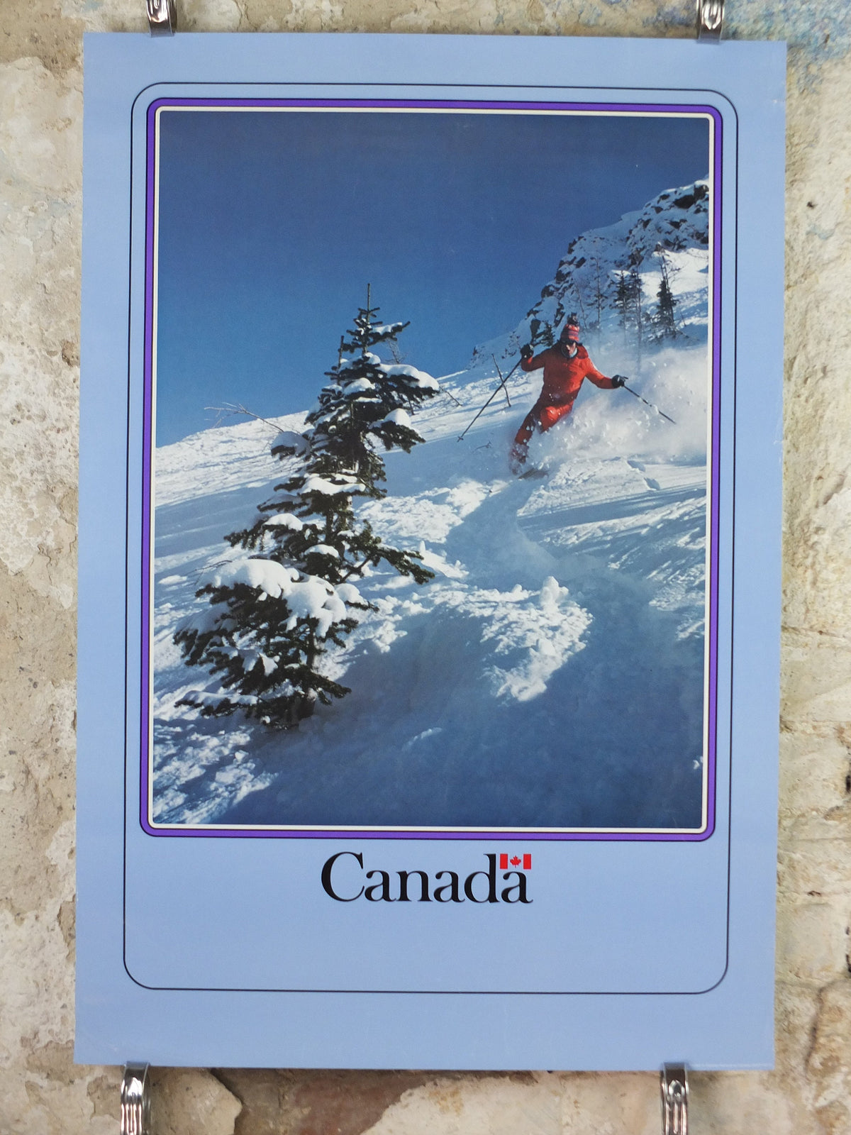 1990s Canada Ski Poster, sking holiday on snowy mountain in blue and white, tourism vacation wall art decor