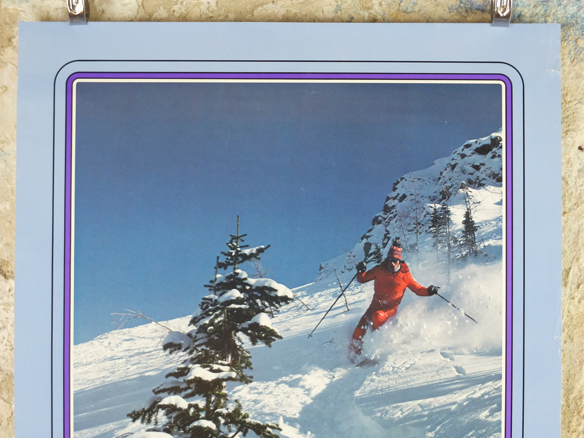 1990s Canada Ski Poster, sking holiday on snowy mountain in blue and white, tourism vacation wall art decor