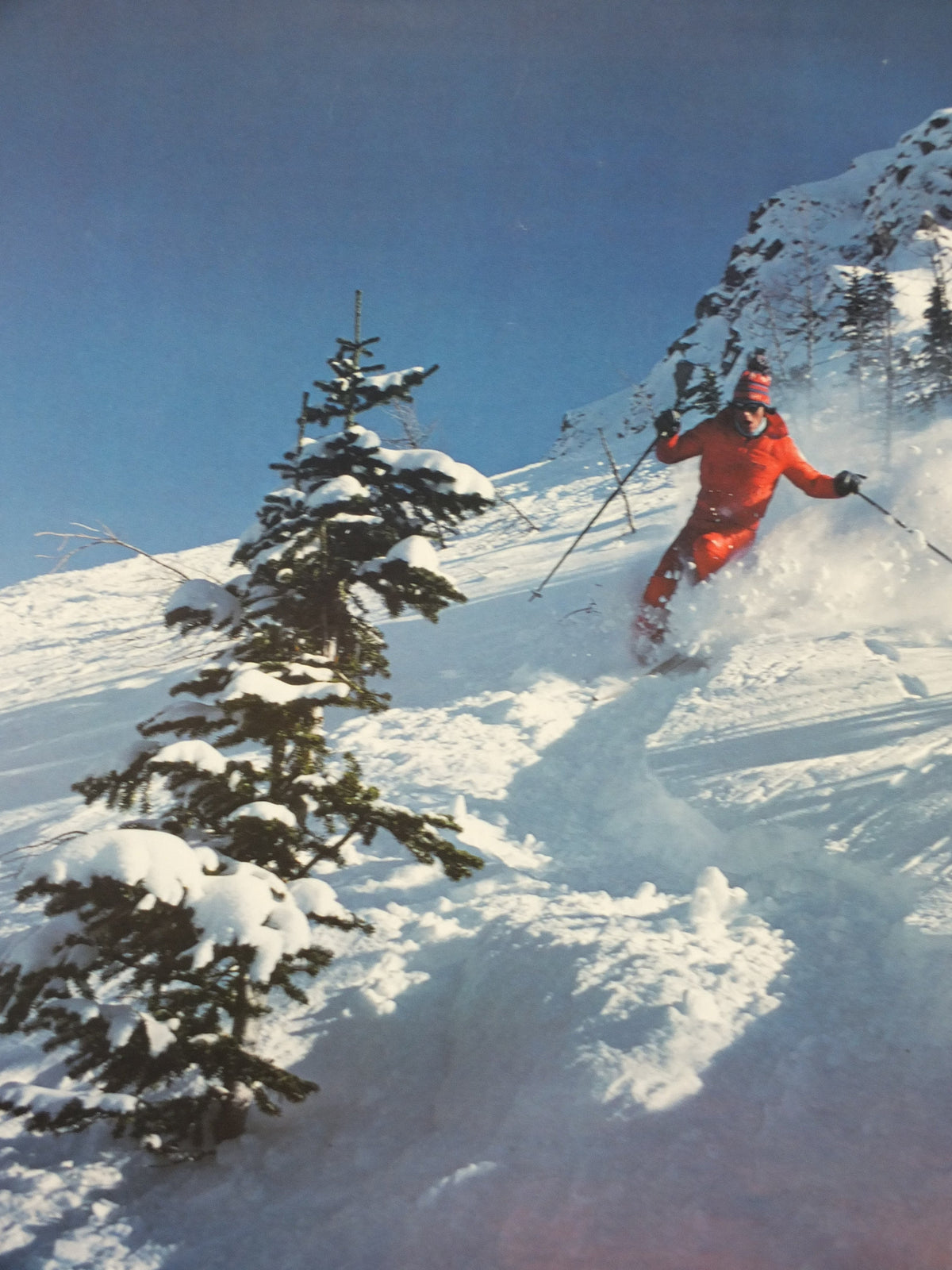 1990s Canada Ski Poster, sking holiday on snowy mountain in blue and white, tourism vacation wall art decor