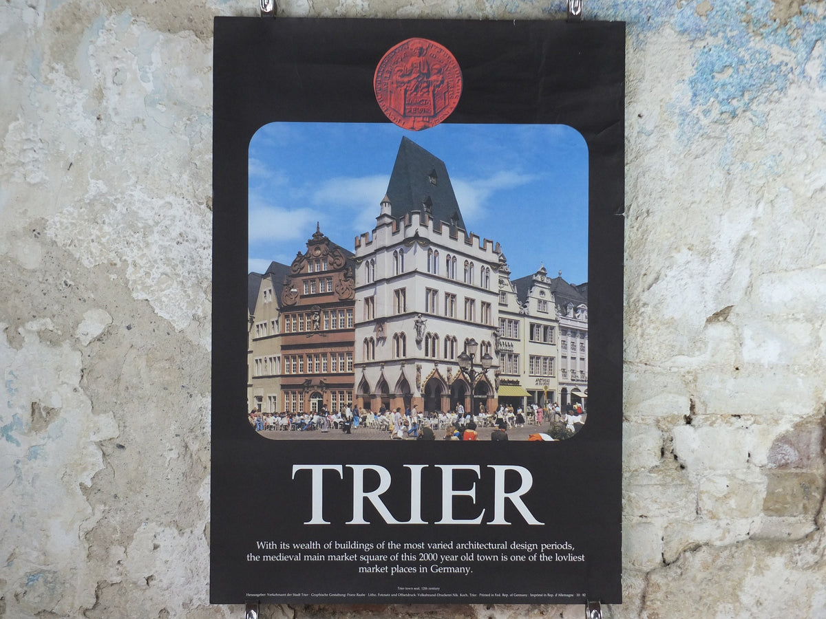 1970s Trier Travel Poster, medieval market square, Germany, Deutschland plakat, travel tourism holiday vacation wall art decor