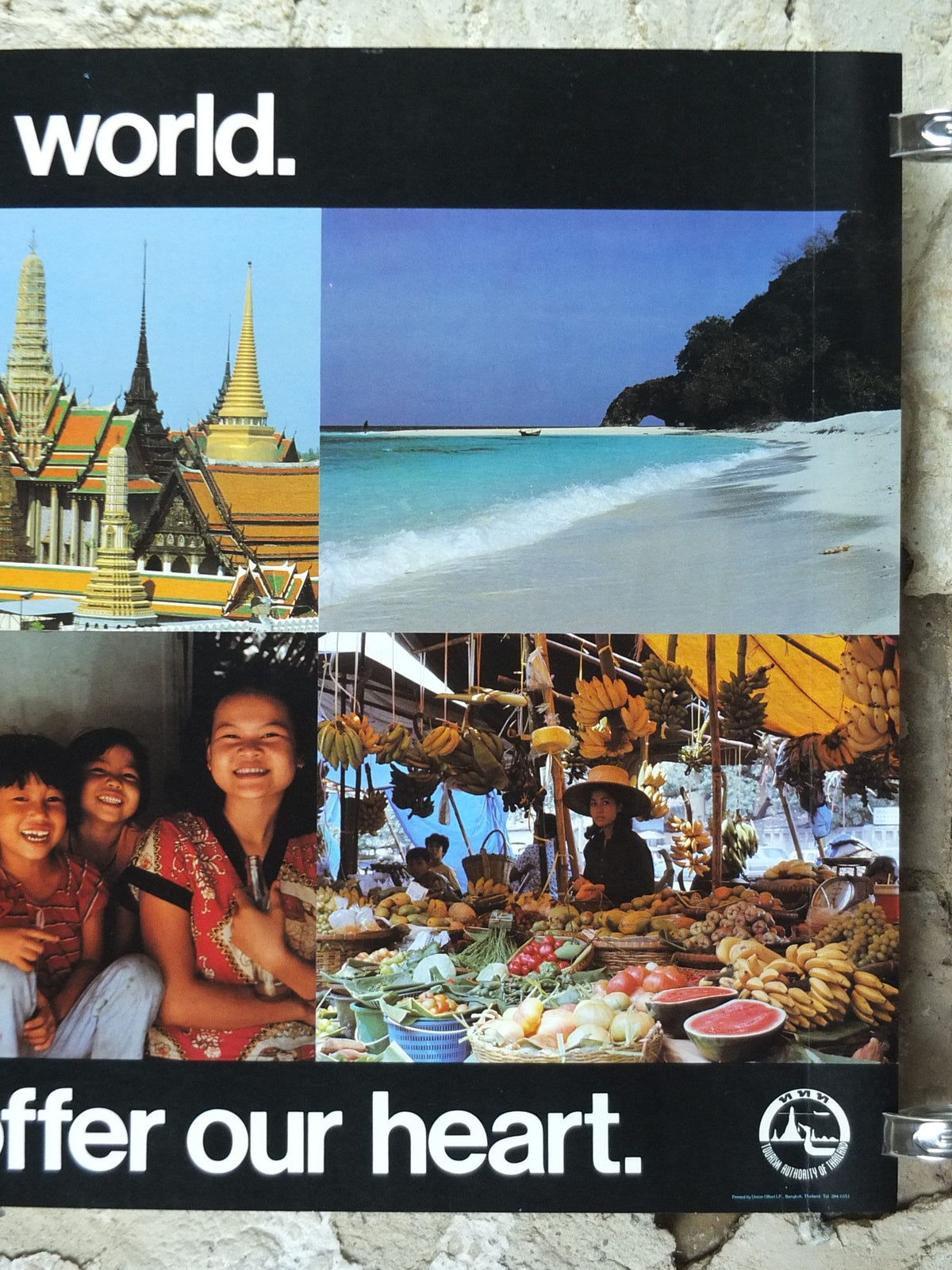 1990s Thailand Travel Poster, culture, beaches, people, markets, temples, elephants, travel tourism, advertising print, wall art retro decor
