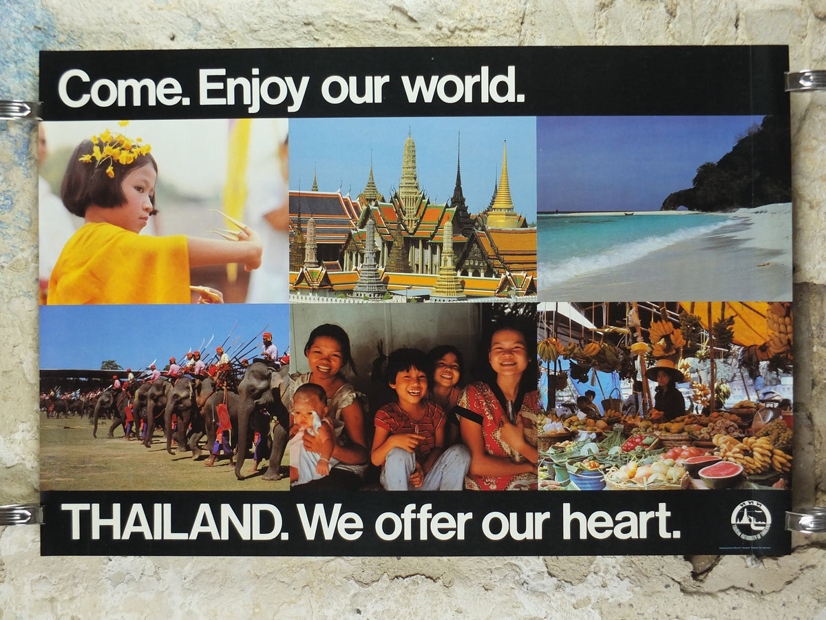 1990s Thailand Travel Poster, culture, beaches, people, markets, temples, elephants, travel tourism, advertising print, wall art retro decor