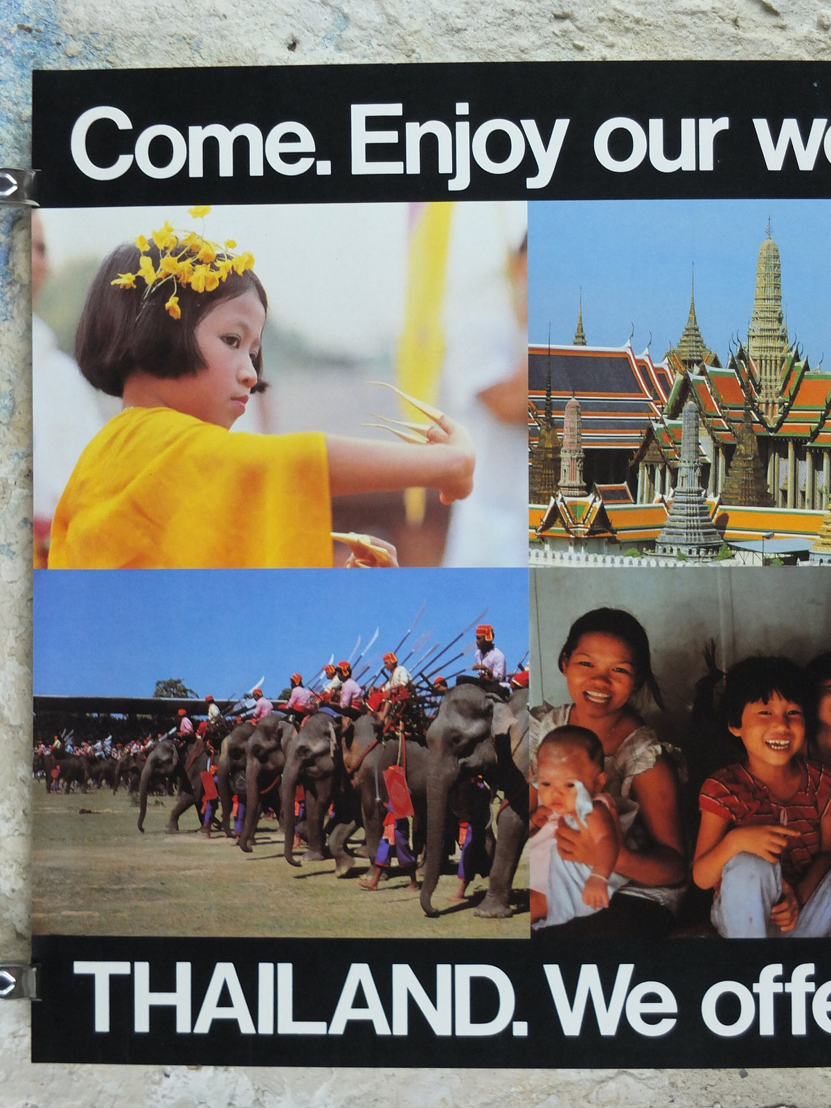 1990s Thailand Travel Poster, culture, beaches, people, markets, temples, elephants, travel tourism, advertising print, wall art retro decor