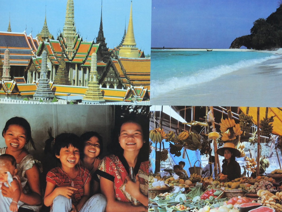 1990s Thailand Travel Poster, culture, beaches, people, markets, temples, elephants, travel tourism, advertising print, wall art retro decor