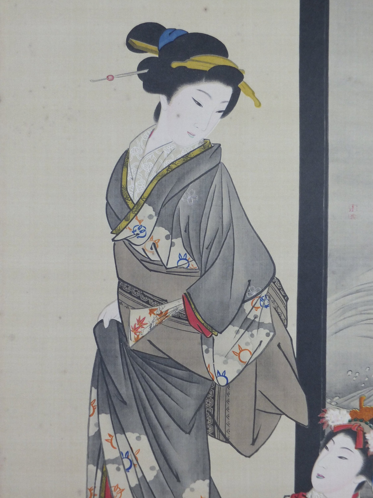 Japanese Geisha Poster, Geisha girls in kimono, window or painting with waves, early 20th Century, wall art retro