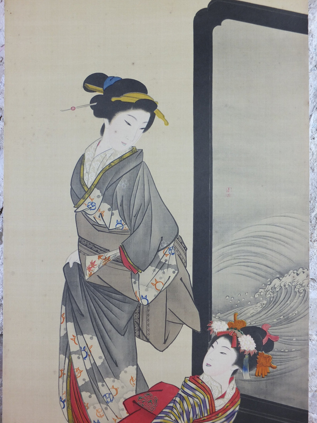 Japanese Geisha Poster, Geisha girls in kimono, window or painting with waves, early 20th Century, wall art retro