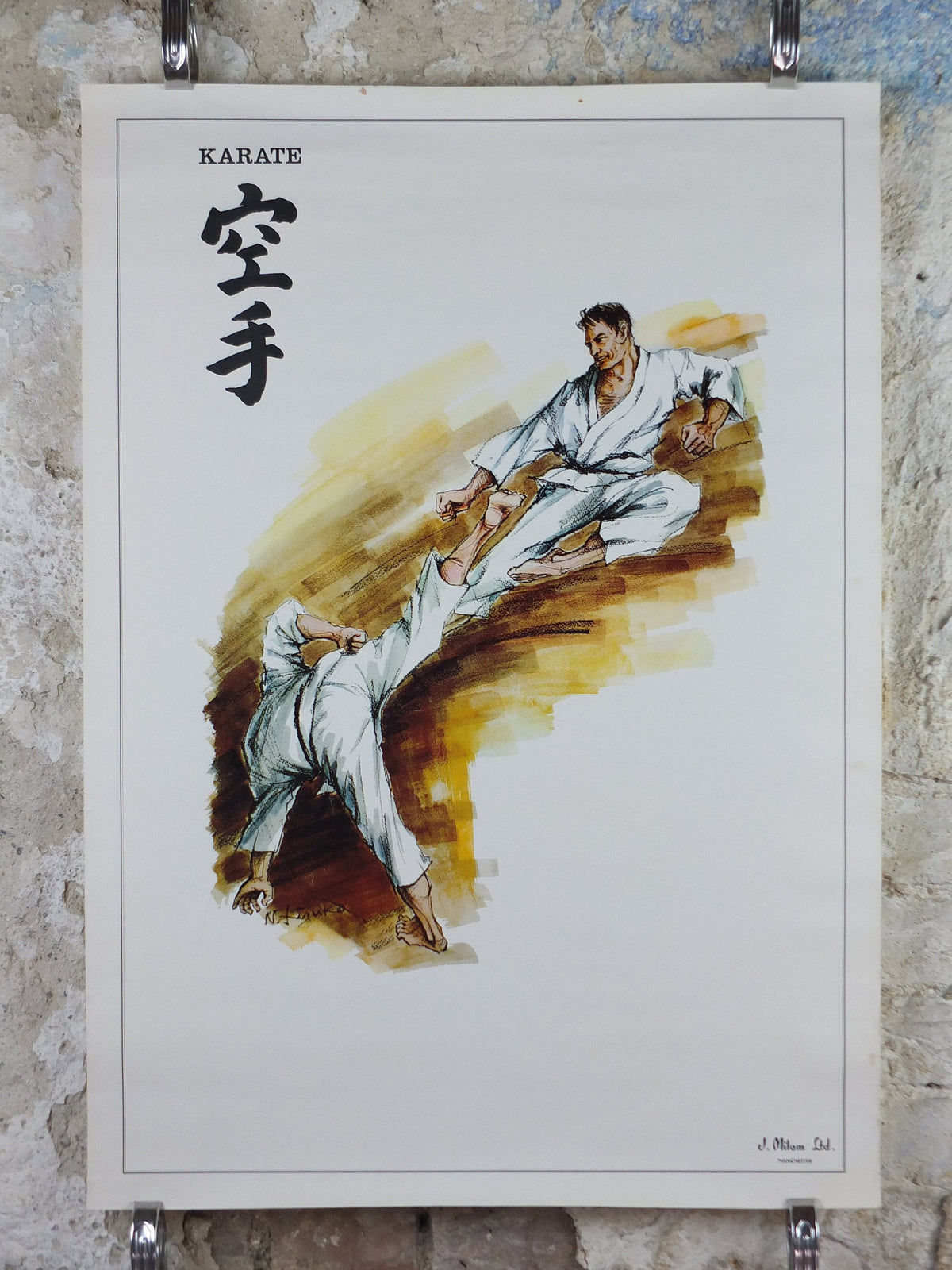 Vintage Karate Poster, Martial Arts showing a flying kick from J Milom, Manchester, Dojo sport, wall art 1960s
