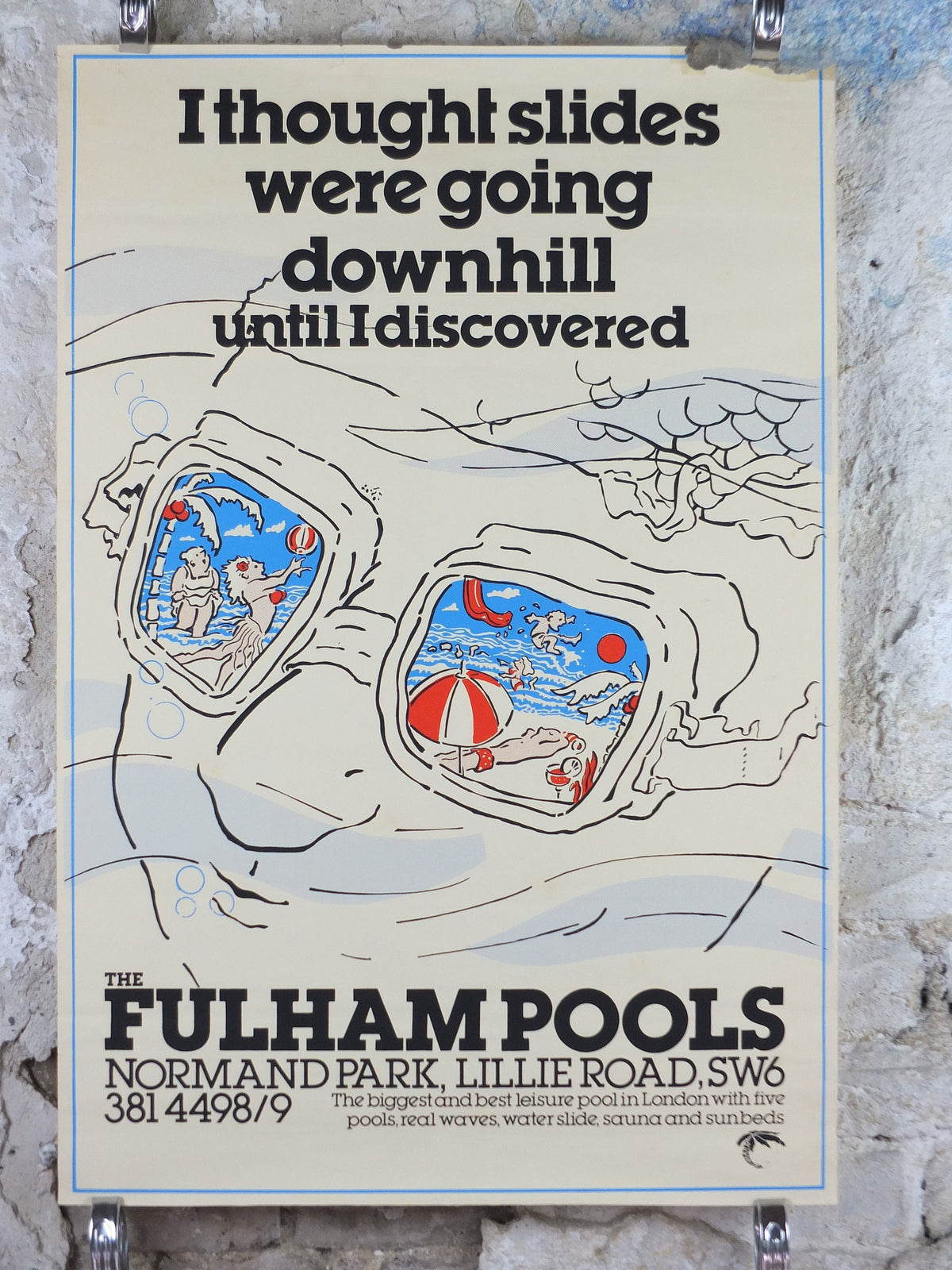 1970s Fulham Pools Poster, Swim waterslides, Normand Park, Lillie Road SW6, swimming lifestyle, fitness advertising print wall art decor