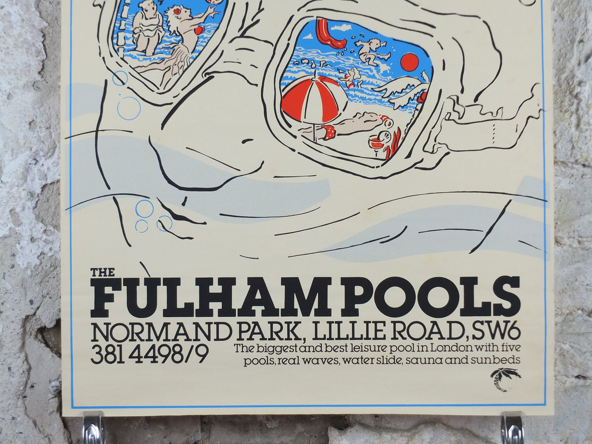 1970s Fulham Pools Poster, Swim waterslides, Normand Park, Lillie Road SW6, swimming lifestyle, fitness advertising print wall art decor