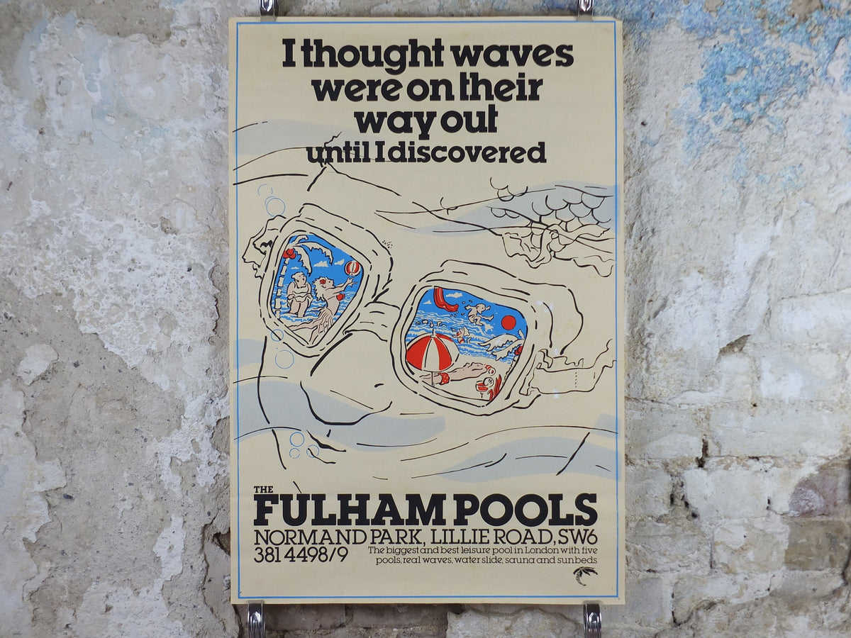 1970s Fulham Pools Poster, Swim waterslides, Normand Park, Lillie Road SW6, swimming lifestyle, fitness advertising print wall art decor