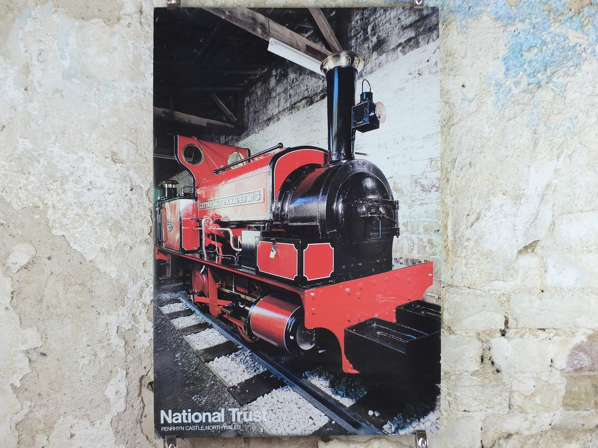 1970s Original National Trust Poster, Red Steam Train, Penrhyn Castle, Bangor, Gwynedd, Wales, heritage conservation, wall art retro decor