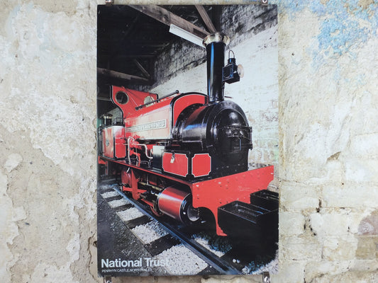 1970s Original National Trust Poster, Red Steam Train, Penrhyn Castle, Bangor, Gwynedd, Wales, heritage conservation, wall art retro decor