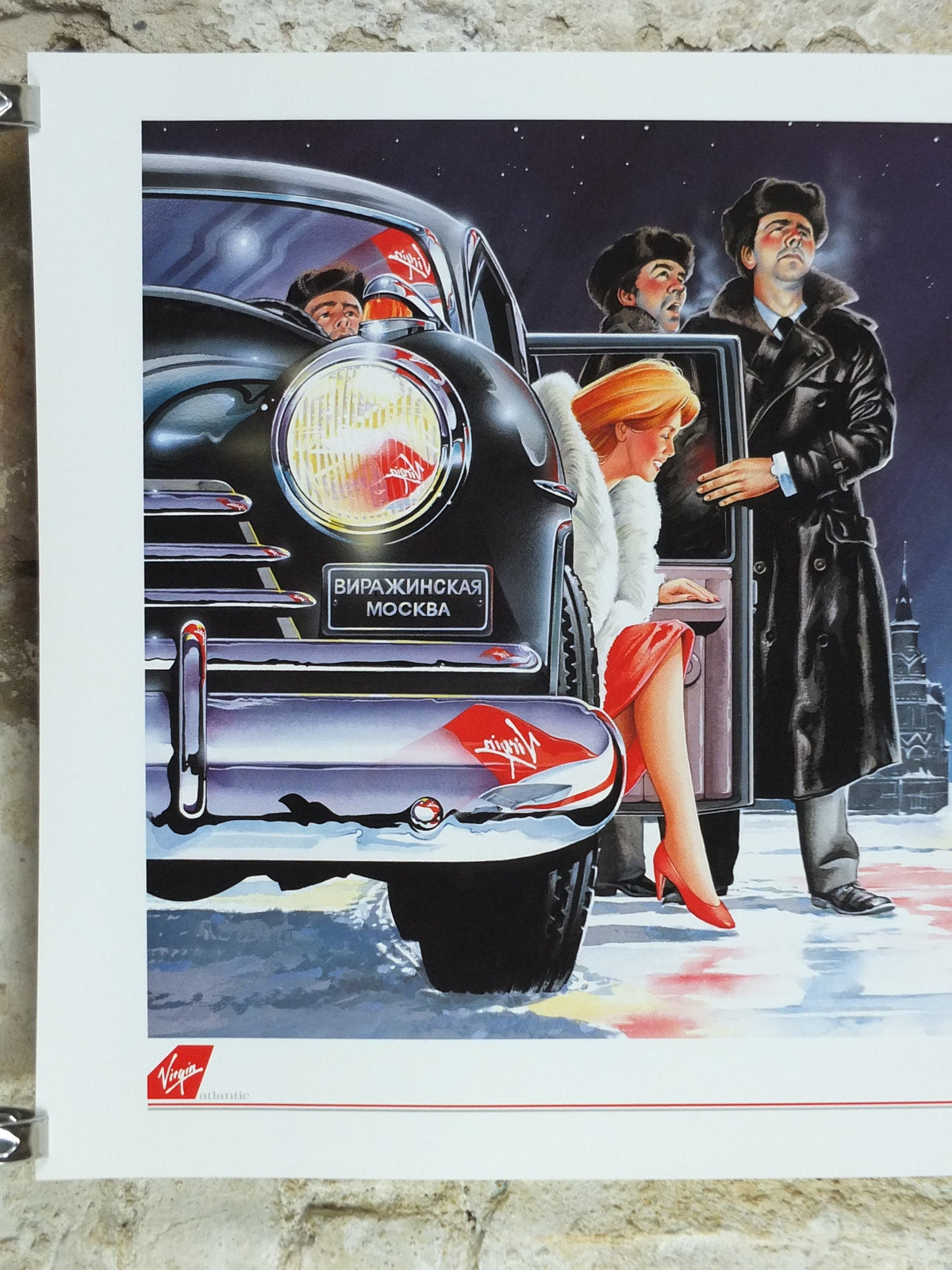 1990s Virgin Atlantic Moscow Poster, by Paul Simmons, Scarlet Lady, Saint Basil's Cathedral, Russia, Aviation, travel wall art decor
