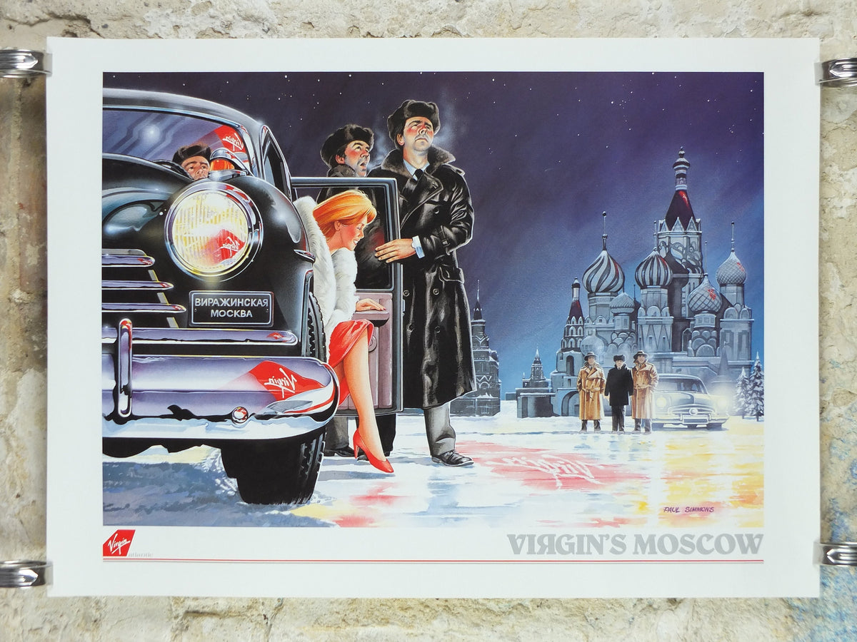 1990s Virgin Atlantic Moscow Poster, by Paul Simmons, Scarlet Lady, Saint Basil's Cathedral, Russia, Aviation, travel wall art decor