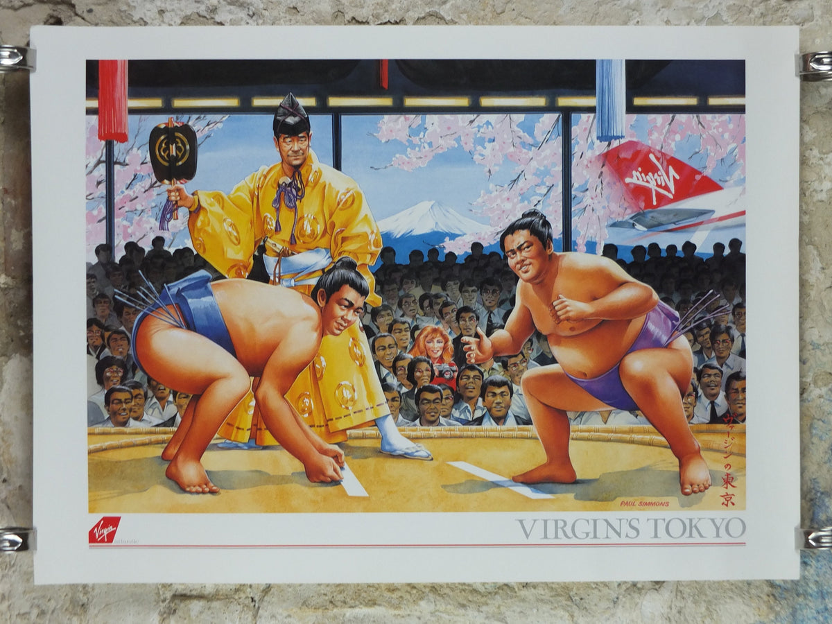 1990s Virgin Atlantic Tokyo Poster, by Paul Simmons, Scarlet Lady, Sumo Wrestling, Japan, Aviation, travel wall art decor