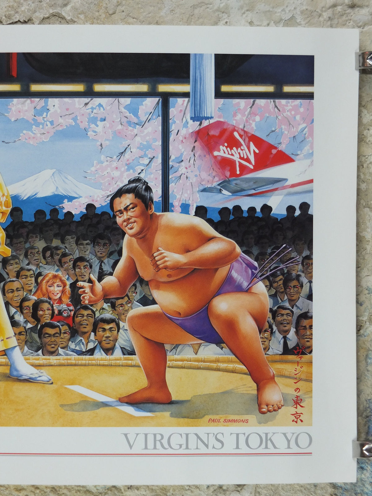 1990s Virgin Atlantic Tokyo Poster, by Paul Simmons, Scarlet Lady, Sumo Wrestling, Japan, Aviation, travel wall art decor