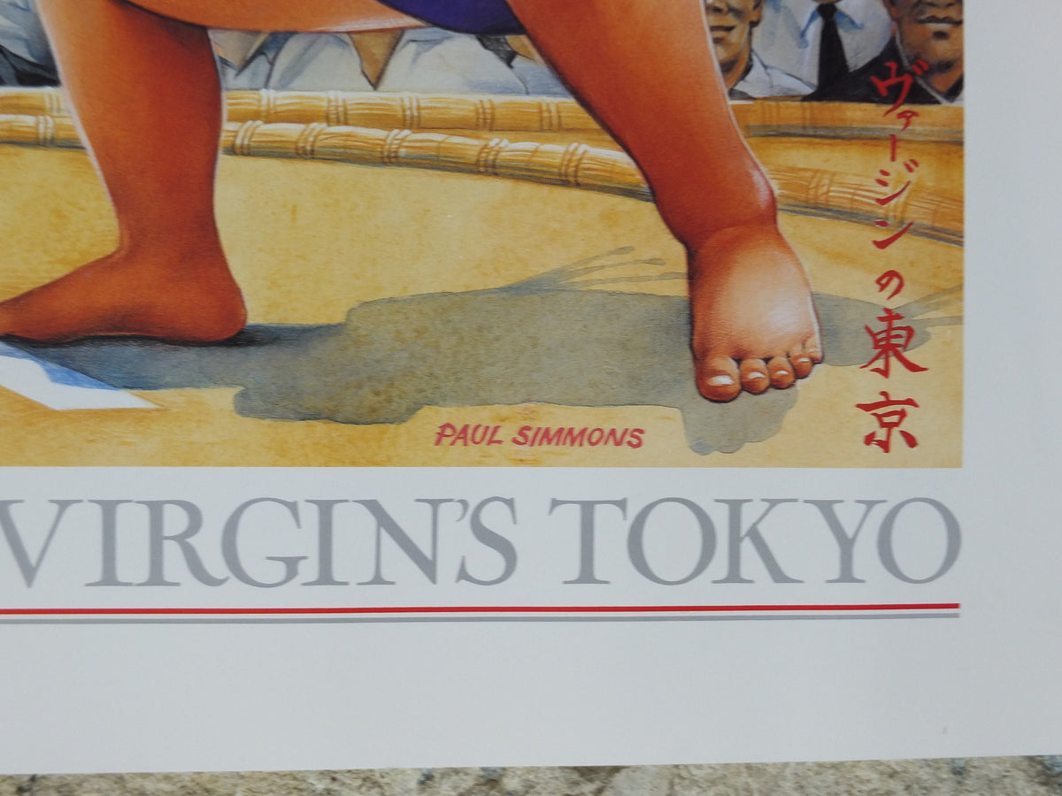 1990s Virgin Atlantic Tokyo Poster, by Paul Simmons, Scarlet Lady, Sumo Wrestling, Japan, Aviation, travel wall art decor