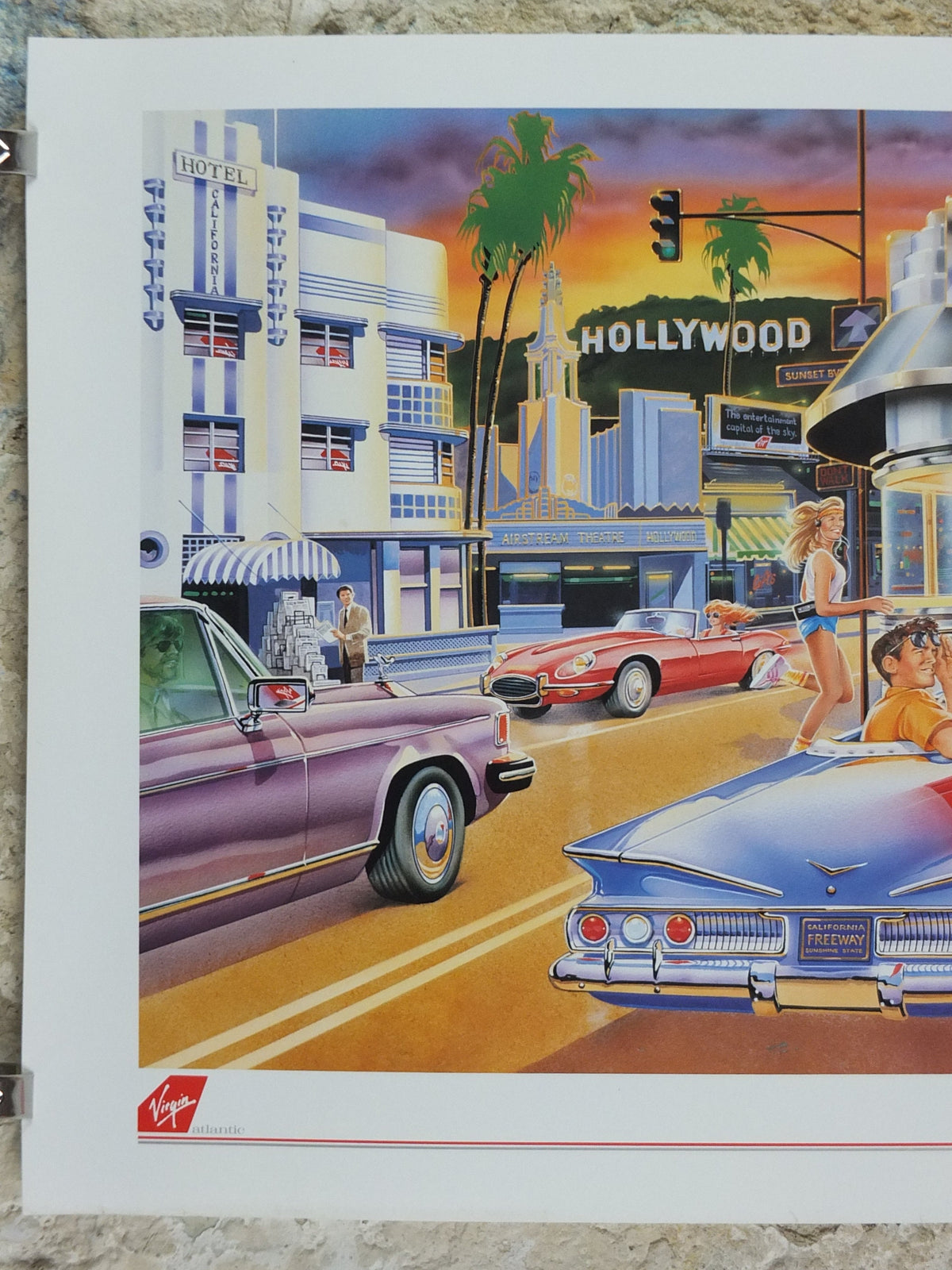 1990s Virgin Atlantic Los Angeles Poster, by Paul Simmons, California, roller skate drive in diner, USA, Aviation, travel wall art decor
