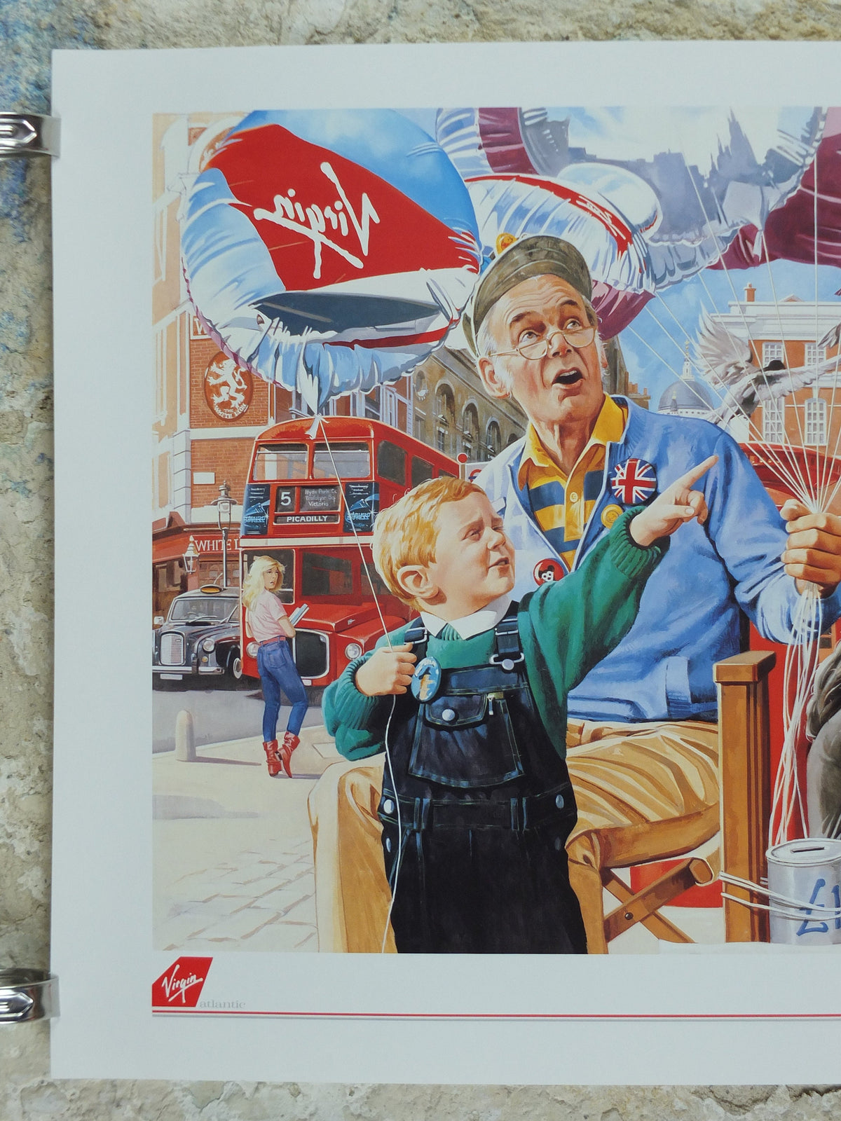 1990s Virgin Atlantic London Poster, by Paul Simmons, Double Decker Bus, United Kingdom, Great Britian, Aviation, travel wall art decor