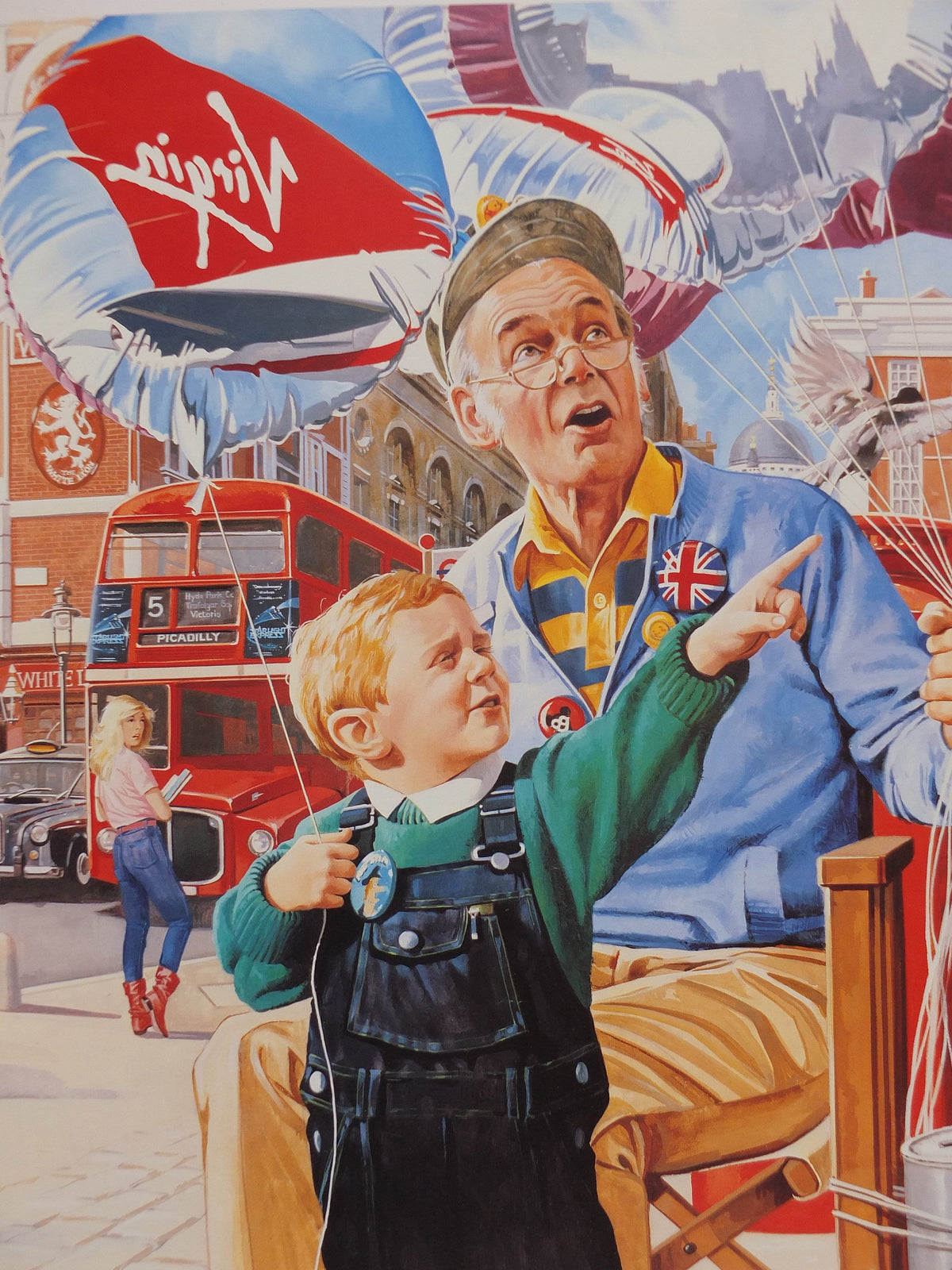 1990s Virgin Atlantic London Poster, by Paul Simmons, Double Decker Bus, United Kingdom, Great Britian, Aviation, travel wall art decor