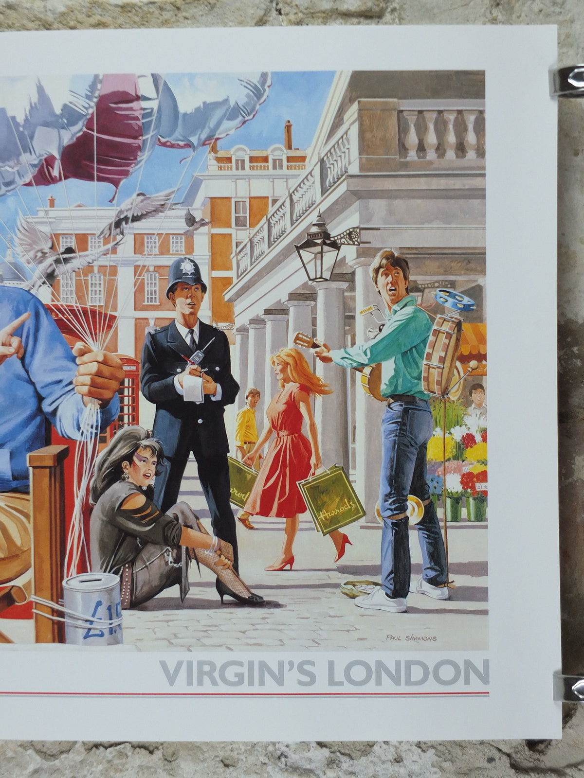 1990s Virgin Atlantic London Poster, by Paul Simmons, Double Decker Bus, United Kingdom, Great Britian, Aviation, travel wall art decor