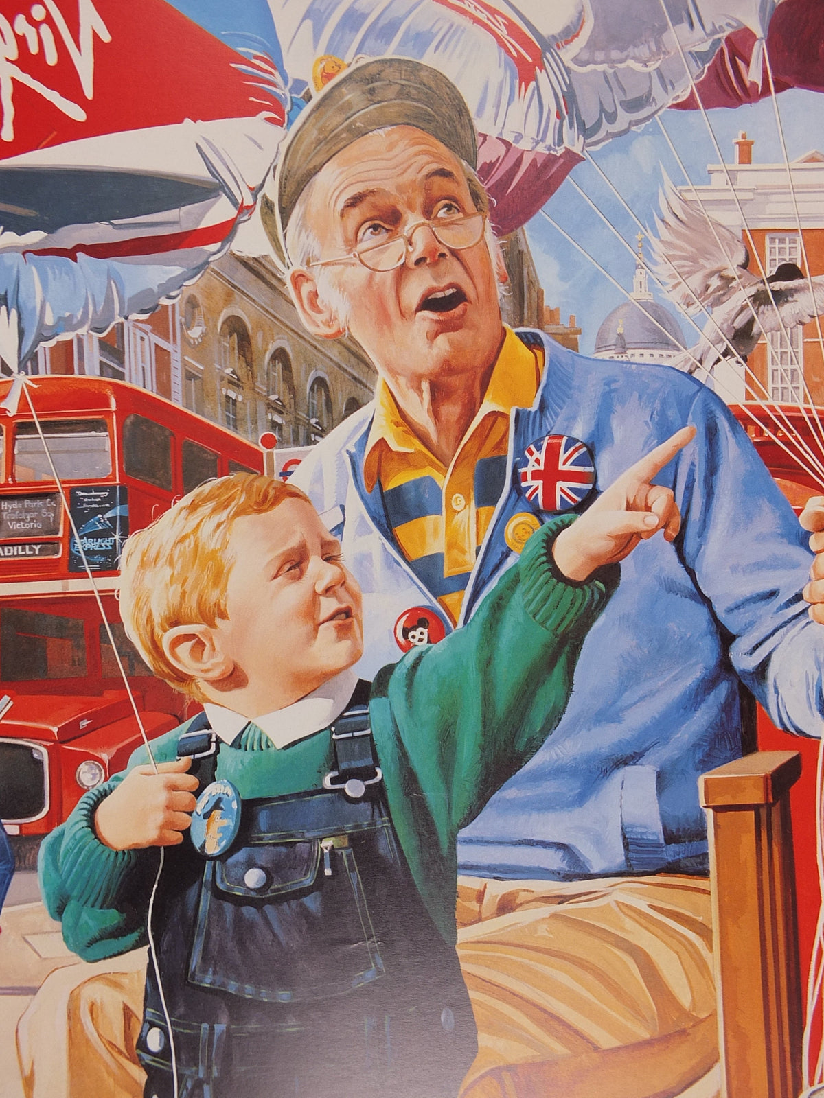 1990s Virgin Atlantic London Poster, by Paul Simmons, Double Decker Bus, United Kingdom, Great Britian, Aviation, travel wall art decor
