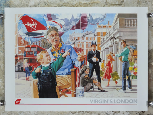 1990s Virgin Atlantic London Poster, by Paul Simmons, Double Decker Bus, United Kingdom, Great Britian, Aviation, travel wall art decor