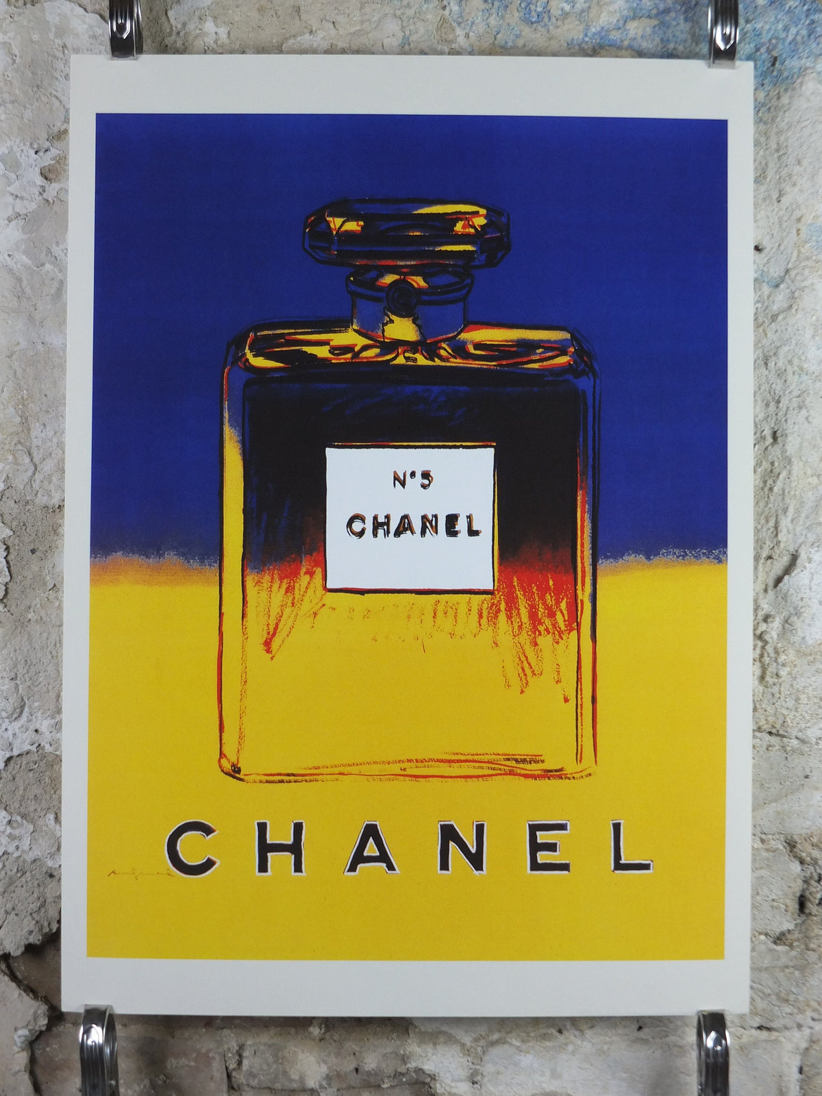 No 5 Chanel Poster, by Andy Warhol, perfume and cosmetics, bold yellow and blue, French reproduction from 1985, art deco, wall art decor