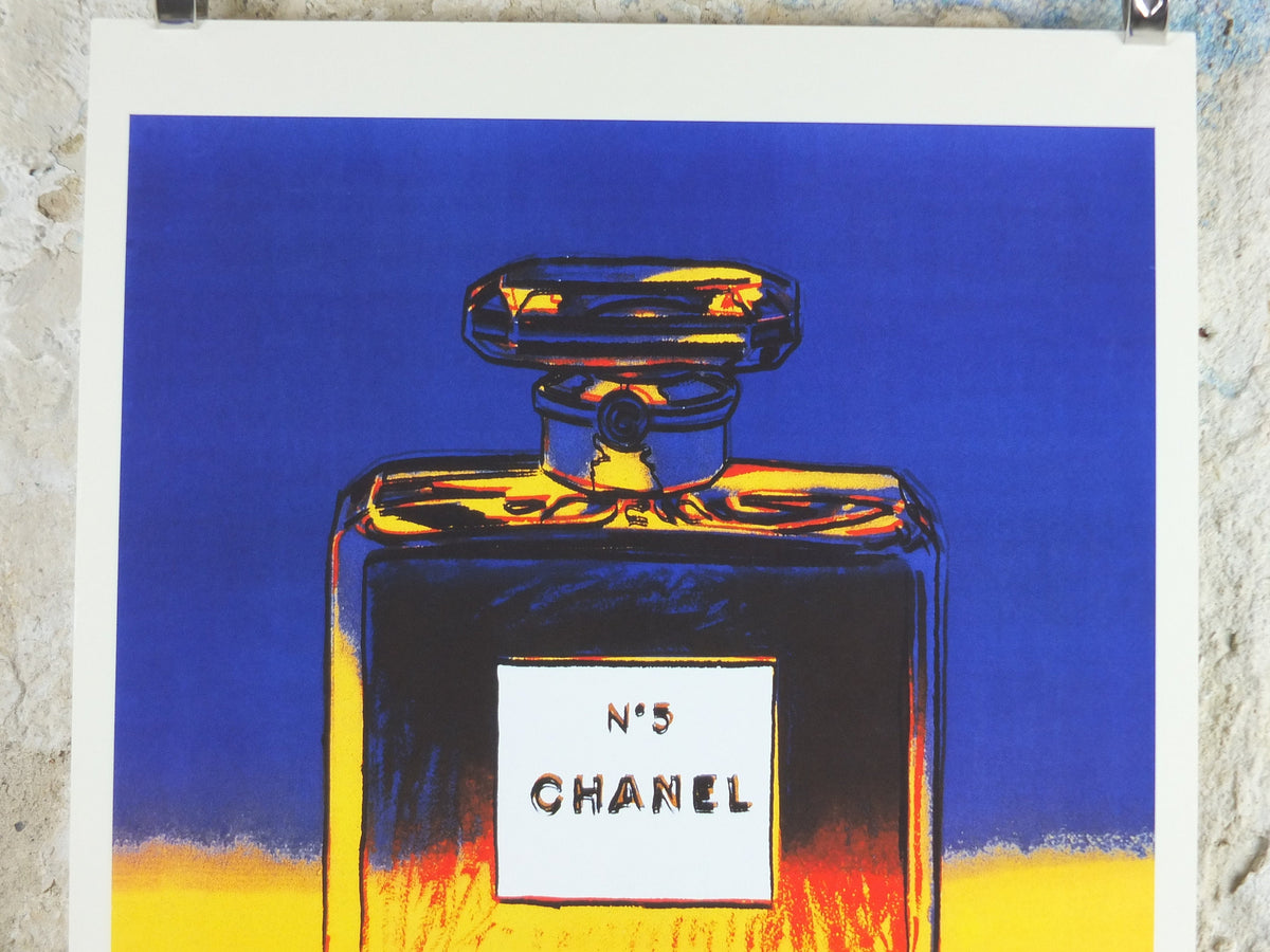 No 5 Chanel Poster, by Andy Warhol, perfume and cosmetics, bold yellow and blue, French reproduction from 1985, art deco, wall art decor