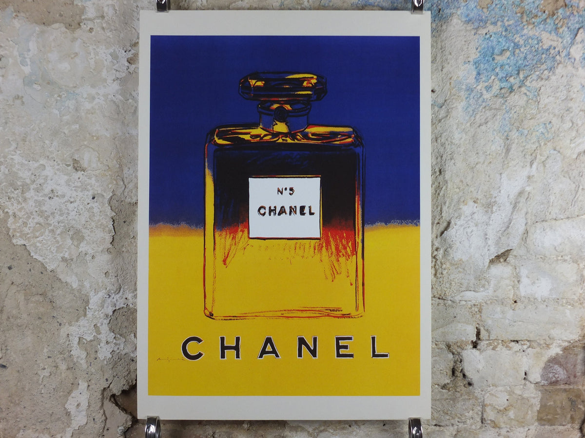 No 5 Chanel Poster, by Andy Warhol, perfume and cosmetics, bold yellow and blue, French reproduction from 1985, art deco, wall art decor