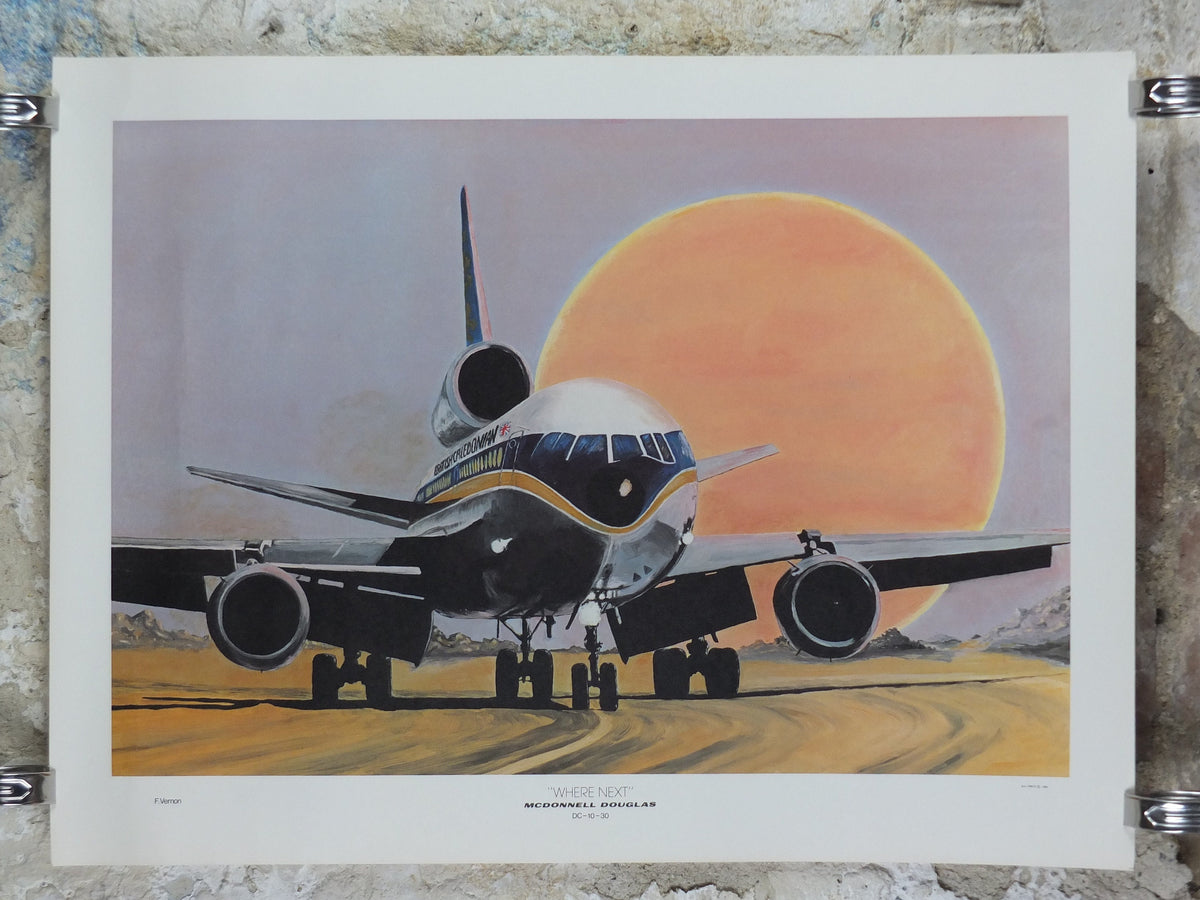 1980 DC10 McDonnell Douglas Poster, British Caledonian "Where Next?" by F Vernon, DC-10-30, Aviation, travel wall art decor