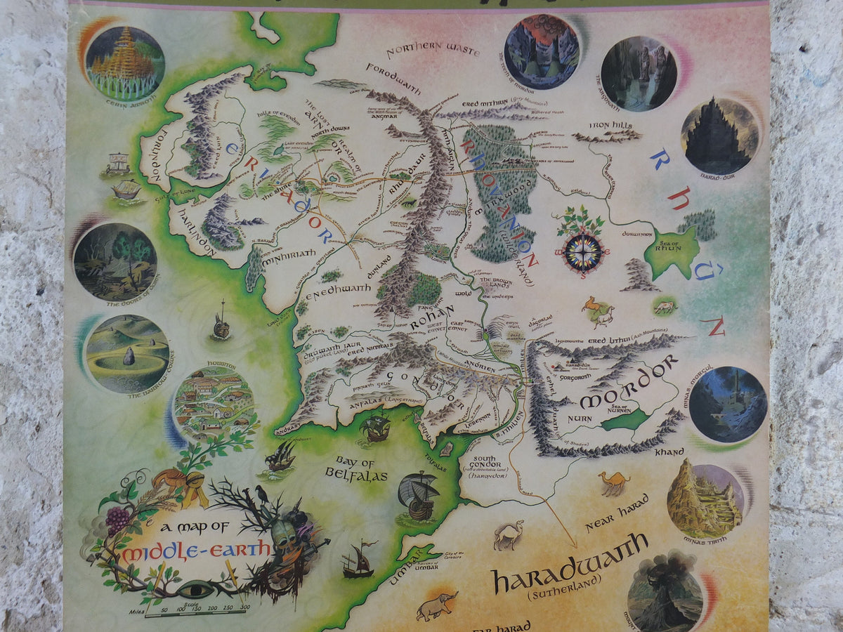 1977 Pauline Baynes Map of Middle Earth Poster, J.R.R. Tolkien, Lord of the Rings, The Hobbit, Third Age, fantasy wall art decor