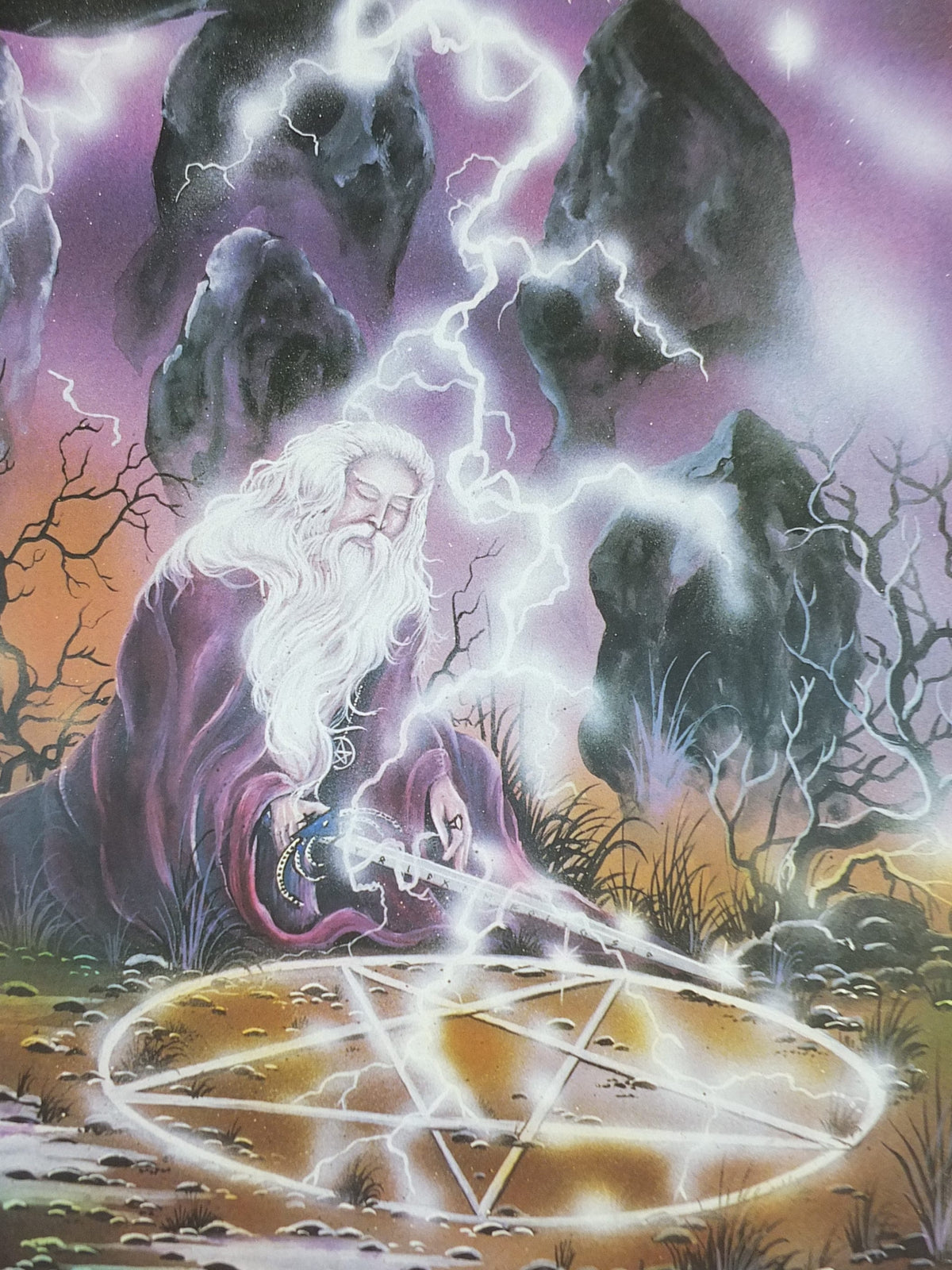 1990s Earth Magic Poster, by Peter Pracownik, lightning pentacle magic, from Rhiannon Press, fantasy fiction wall art decor