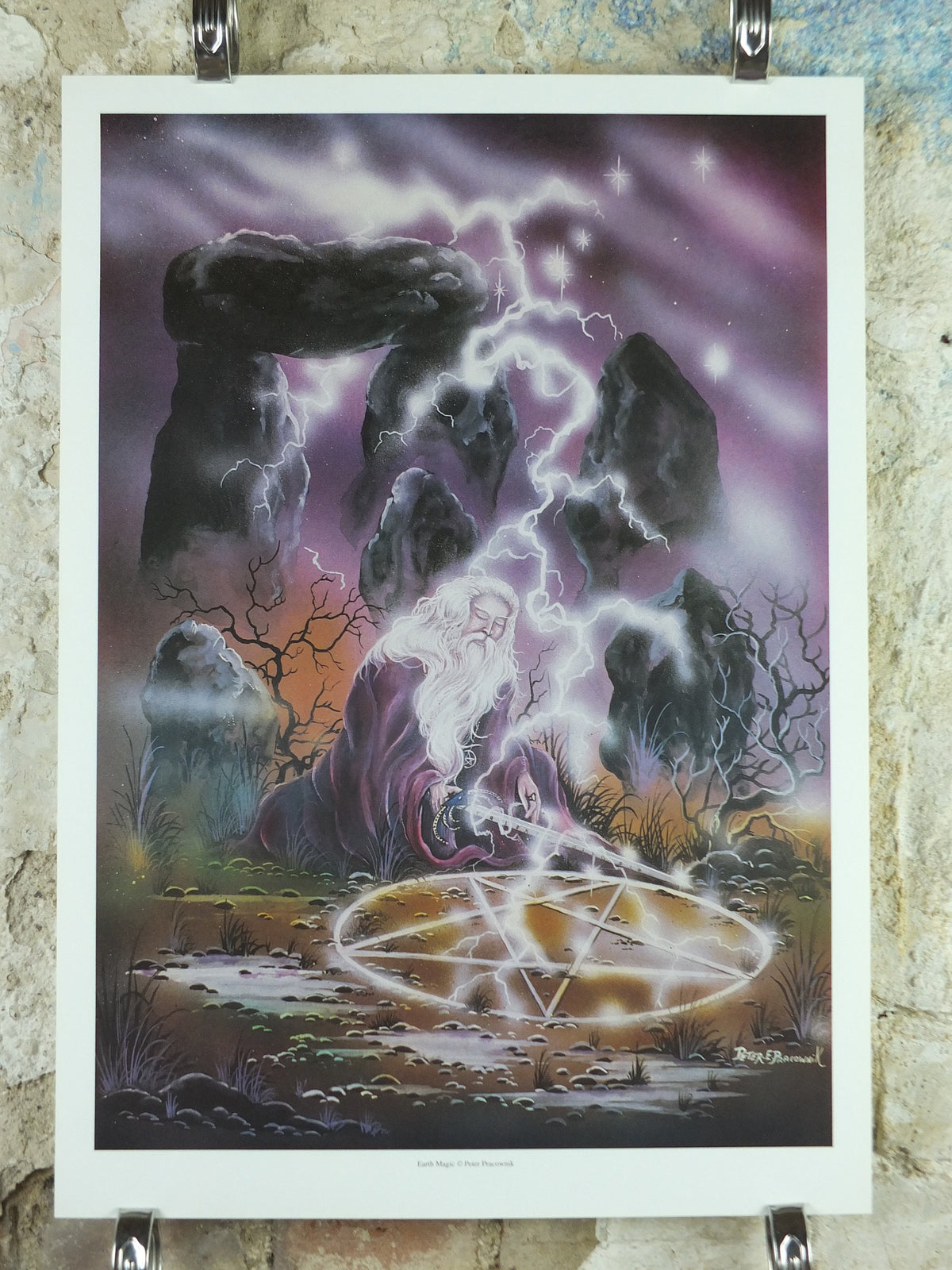 1990s Earth Magic Poster, by Peter Pracownik, lightning pentacle magic, from Rhiannon Press, fantasy fiction wall art decor