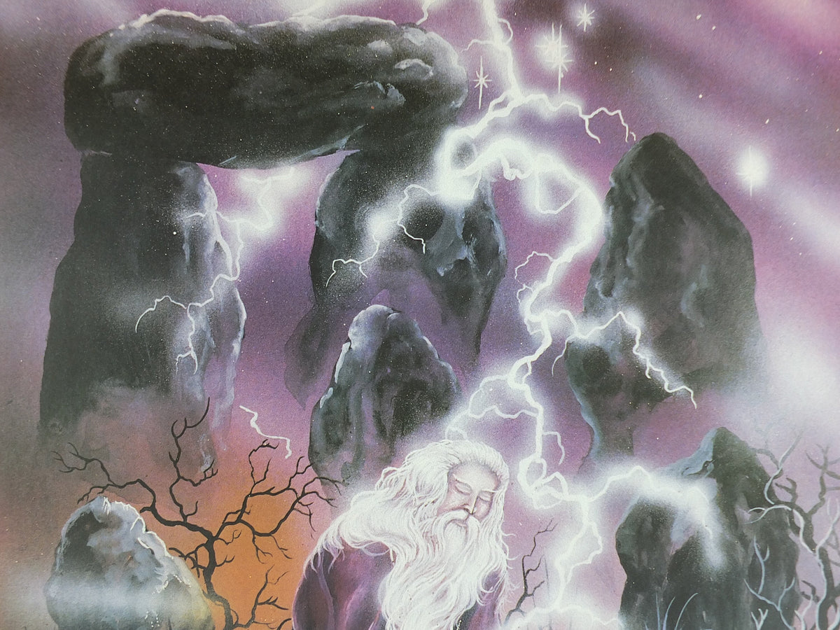 1990s Earth Magic Poster, by Peter Pracownik, lightning pentacle magic, from Rhiannon Press, fantasy fiction wall art decor