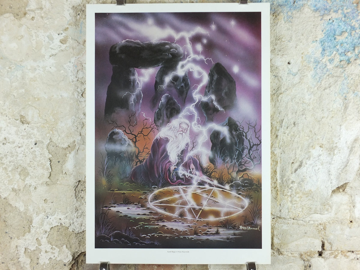 1990s Earth Magic Poster, by Peter Pracownik, lightning pentacle magic, from Rhiannon Press, fantasy fiction wall art decor