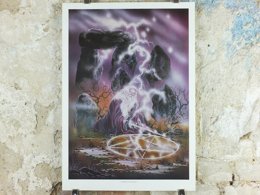 1990s Earth Magic Poster, by Peter Pracownik, lightning pentacle magic, from Rhiannon Press, fantasy fiction wall art decor
