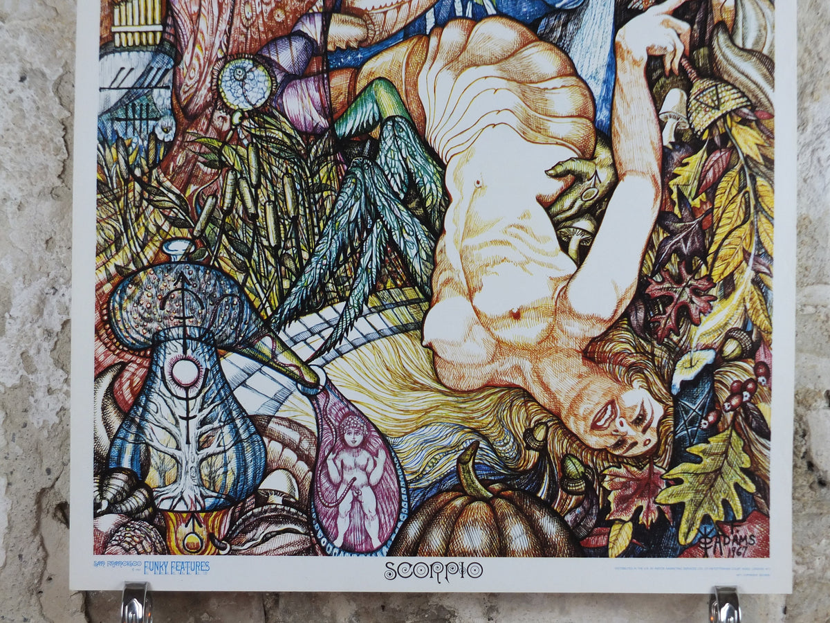 1967 Scorpio Poster, Zodiac Astrology Star Sign, by Fred Adams, Funky Features, San Francisco, Psychedelic, Hippy New Age, wall art decor