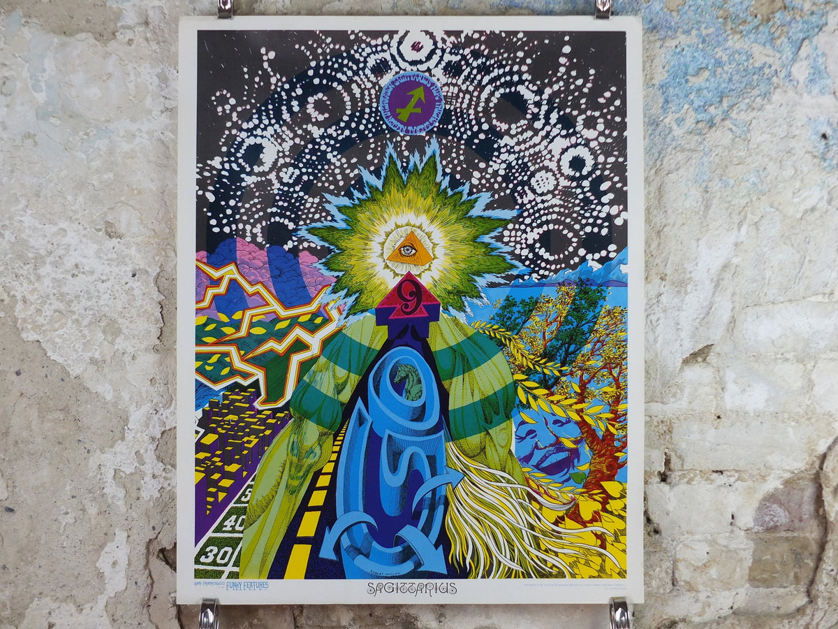 1967 Sagittarius Poster, Zodiac Astrology Star Sign, by Robert McClay, Funky Features, San Francisco, Psychedelic, Hippy, wall art decor