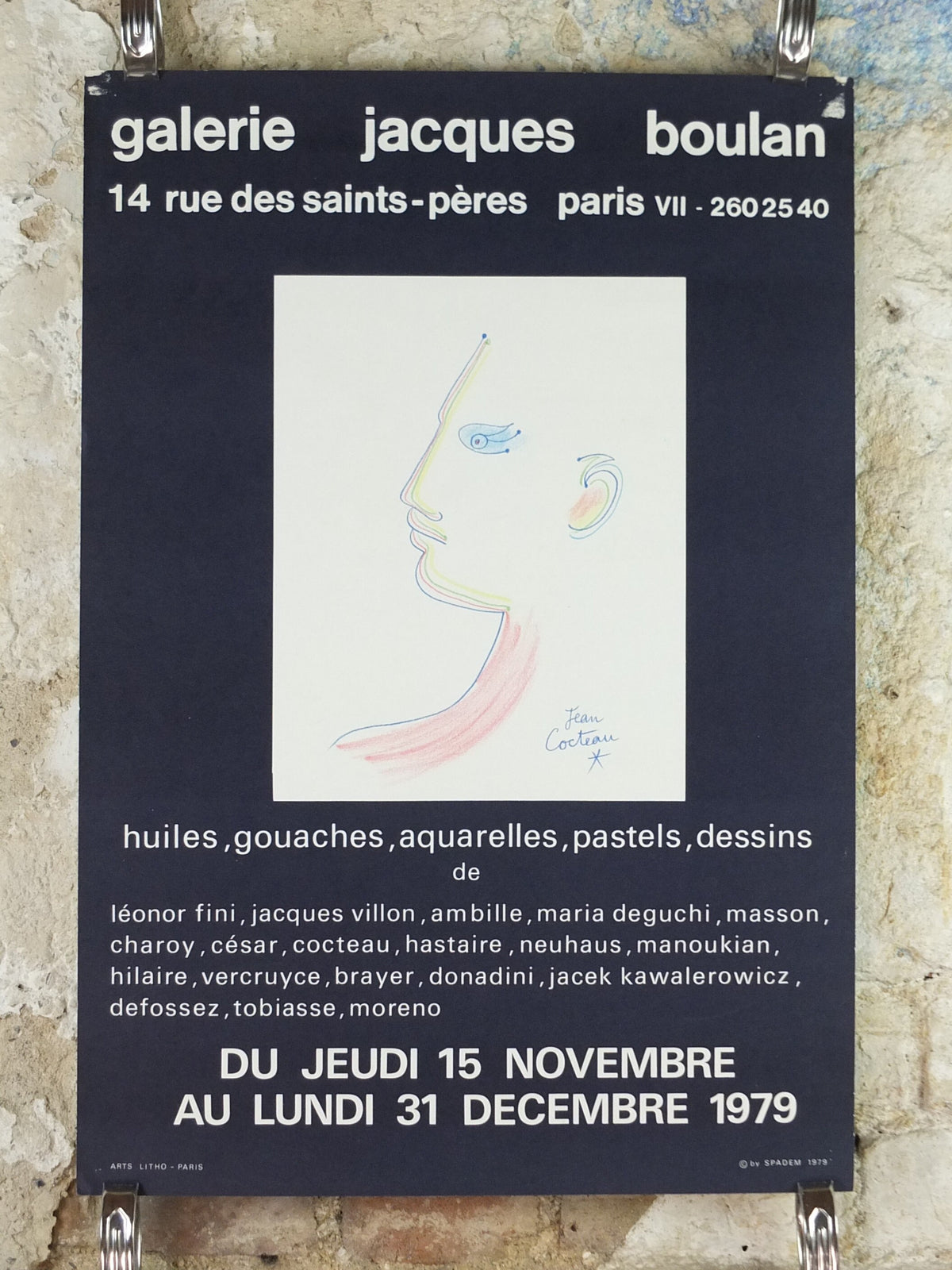 1979 Jean Cocteau Poster, Galerie Jacques Boulan, Portrait Face Profile, surrealist avant-garde Dada, gallery exhibition wall art decor